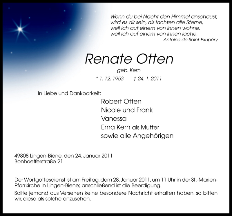  Traueranzeige für Renate Otten vom 27.01.2011 aus Neue Osnabrücker Zeitung GmbH & Co. KG