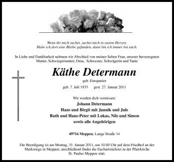 Traueranzeige von Käthe Determann von Neue Osnabrücker Zeitung GmbH & Co. KG