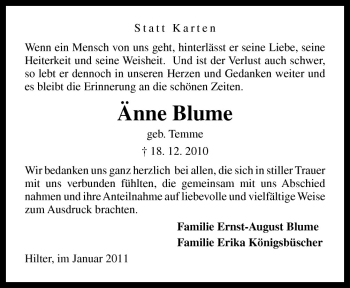 Traueranzeige von Änne Blume von Neue Osnabrücker Zeitung GmbH & Co. KG
