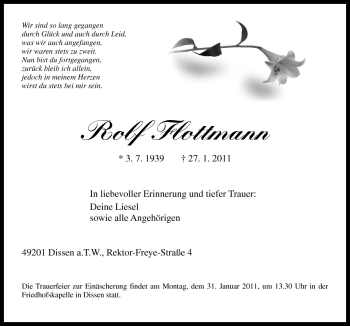 Traueranzeige von Rolf Flottmann von Neue Osnabrücker Zeitung GmbH & Co. KG