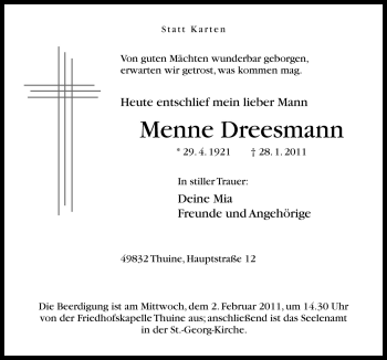 Traueranzeige von Menne Dreesmann von Neue Osnabrücker Zeitung GmbH & Co. KG