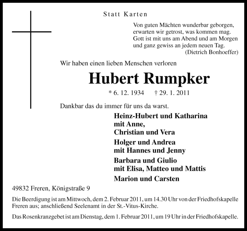  Traueranzeige für Hubert Rumpker vom 31.01.2011 aus Neue Osnabrücker Zeitung GmbH & Co. KG