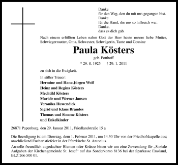 Traueranzeige von Paula Kösters von Neue Osnabrücker Zeitung GmbH & Co. KG