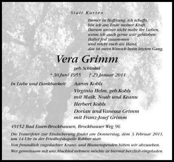 Traueranzeige von Vera Grimm von Neue Osnabrücker Zeitung GmbH & Co. KG