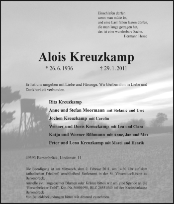 Traueranzeige von Alois Kreuzkamp von Neue Osnabrücker Zeitung GmbH & Co. KG