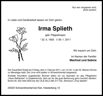 Traueranzeige von Irma Splieth von Neue Osnabrücker Zeitung GmbH & Co. KG