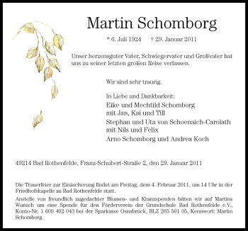 Traueranzeige von Martin Schomborg von Neue Osnabrücker Zeitung GmbH & Co. KG