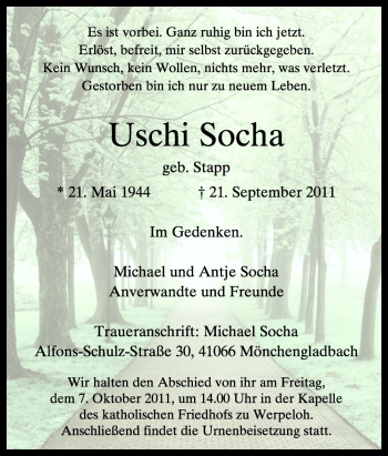 Traueranzeige von Uschi Socha von Neue Osnabrücker Zeitung GmbH & Co. KG