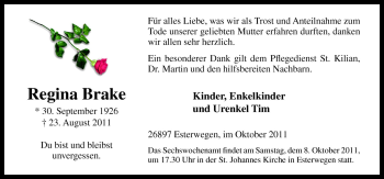 Traueranzeige von Regina Brake von Neue Osnabrücker Zeitung GmbH & Co. KG