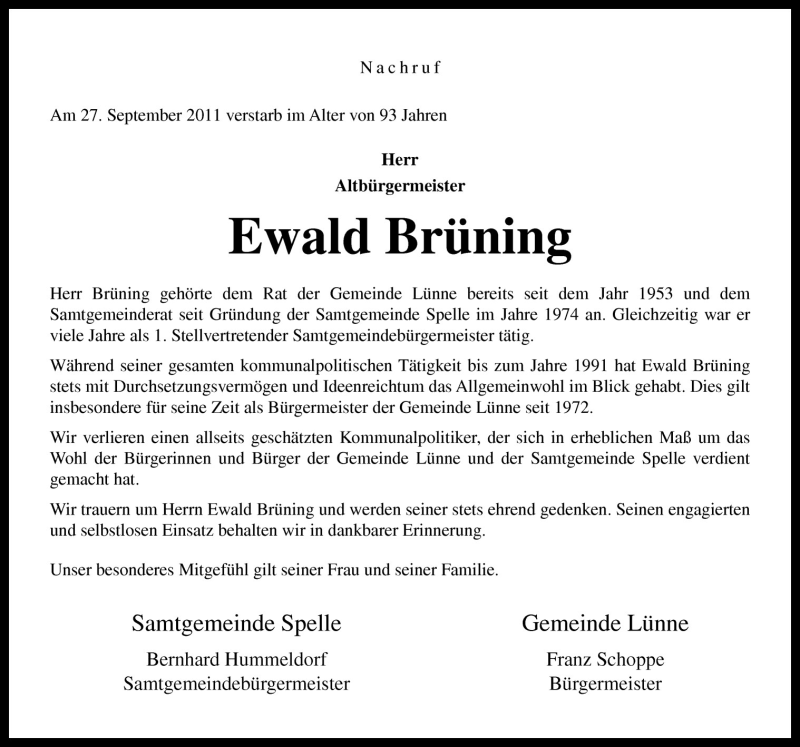  Traueranzeige für Ewald Brüning vom 01.10.2011 aus Neue Osnabrücker Zeitung GmbH & Co. KG