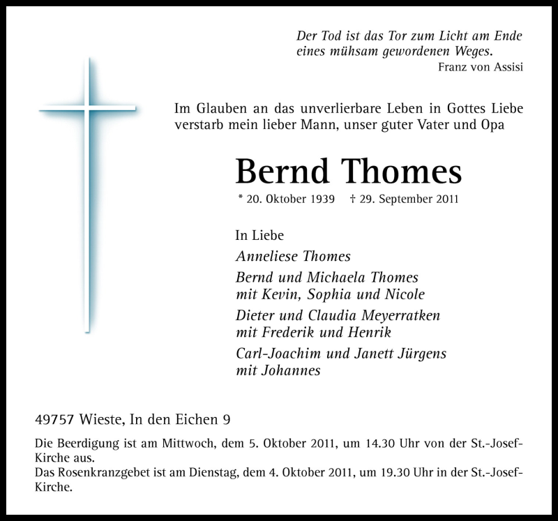  Traueranzeige für Bernd Thomes vom 04.10.2011 aus Neue Osnabrücker Zeitung GmbH & Co. KG