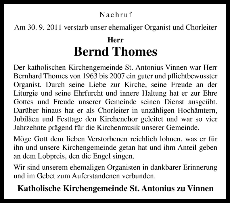  Traueranzeige für Bernd Thomes vom 05.10.2011 aus Neue Osnabrücker Zeitung GmbH & Co. KG