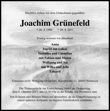 Traueranzeige von Joachim Grünefeld von Neue Osnabrücker Zeitung GmbH & Co. KG