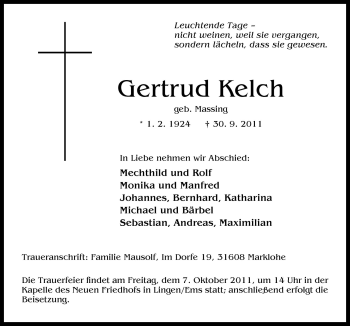 Traueranzeige von Gertrud Kelch von Neue Osnabrücker Zeitung GmbH & Co. KG