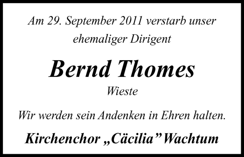  Traueranzeige für Bernd Thomes vom 05.10.2011 aus Neue Osnabrücker Zeitung GmbH & Co. KG