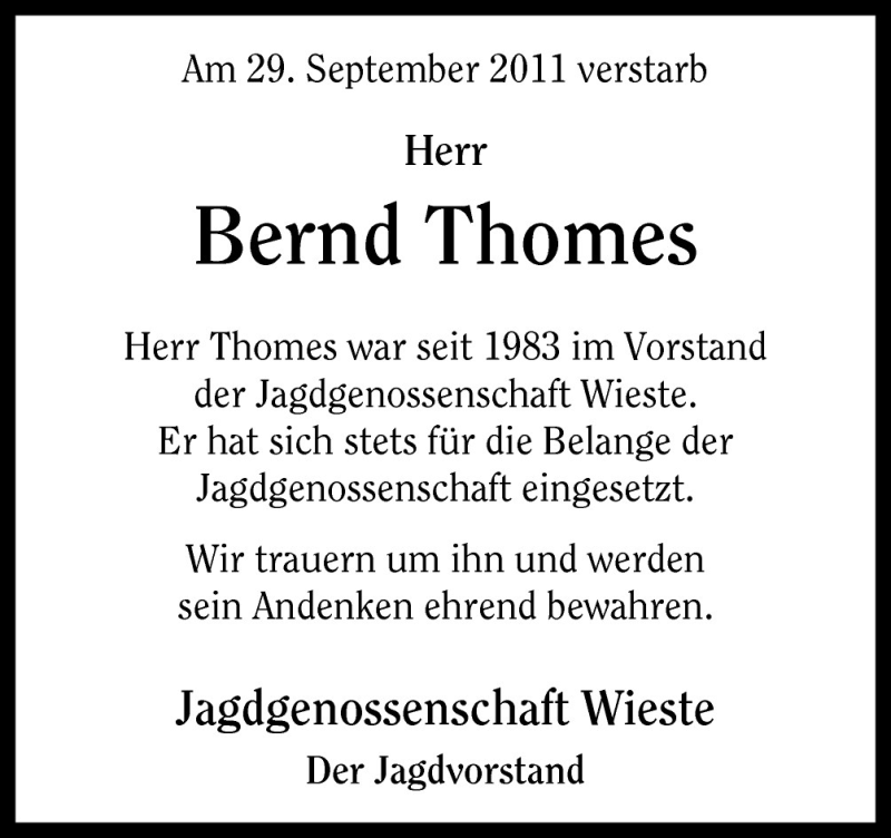  Traueranzeige für Bernd Thomes vom 06.10.2011 aus Neue Osnabrücker Zeitung GmbH & Co. KG