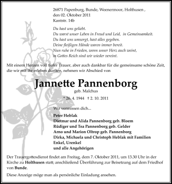 Traueranzeige von Jannette Pannenborg von Neue Osnabrücker Zeitung GmbH & Co. KG