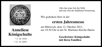 Traueranzeige von Anneliese Königschulte von Neue Osnabrücker Zeitung GmbH & Co. KG