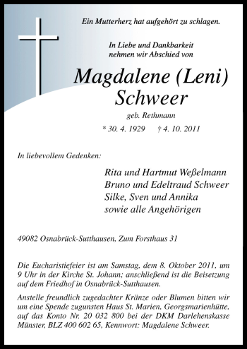 Traueranzeige von Magdalene Schweer von Neue Osnabrücker Zeitung GmbH & Co. KG