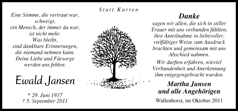  Traueranzeige für Ewald Jansen vom 15.10.2011 aus Neue Osnabrücker Zeitung GmbH & Co. KG