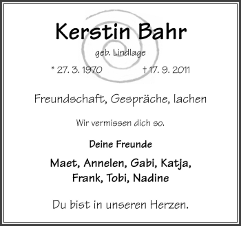 Traueranzeige von Kerstin Bahr von Neue Osnabrücker Zeitung GmbH & Co. KG