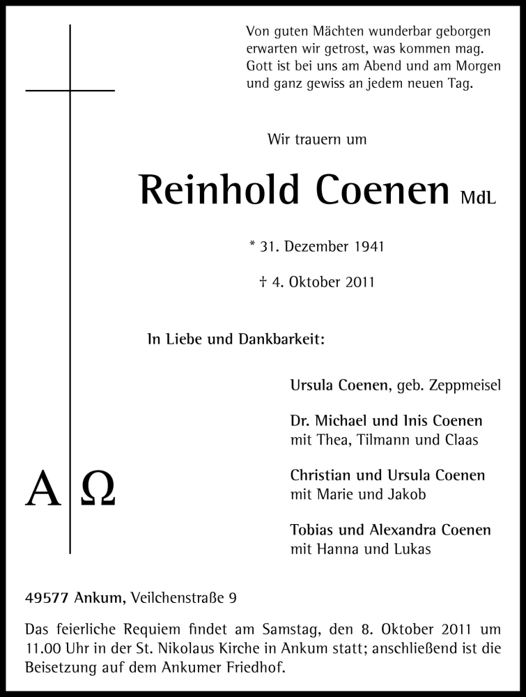  Traueranzeige für Reinhold Coenen vom 07.10.2011 aus Neue Osnabrücker Zeitung GmbH & Co. KG