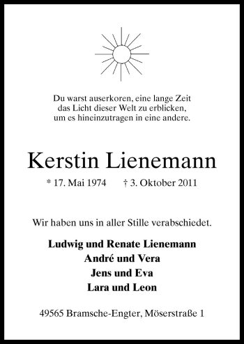 Traueranzeige von Kerstin Lienemann von Neue Osnabrücker Zeitung GmbH & Co. KG