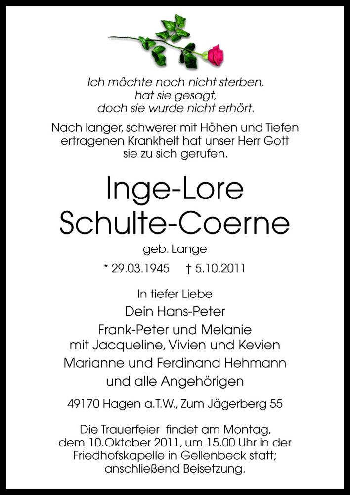  Traueranzeige für Inge Lore Schulte-Coerne vom 07.10.2011 aus Neue Osnabrücker Zeitung GmbH & Co. KG