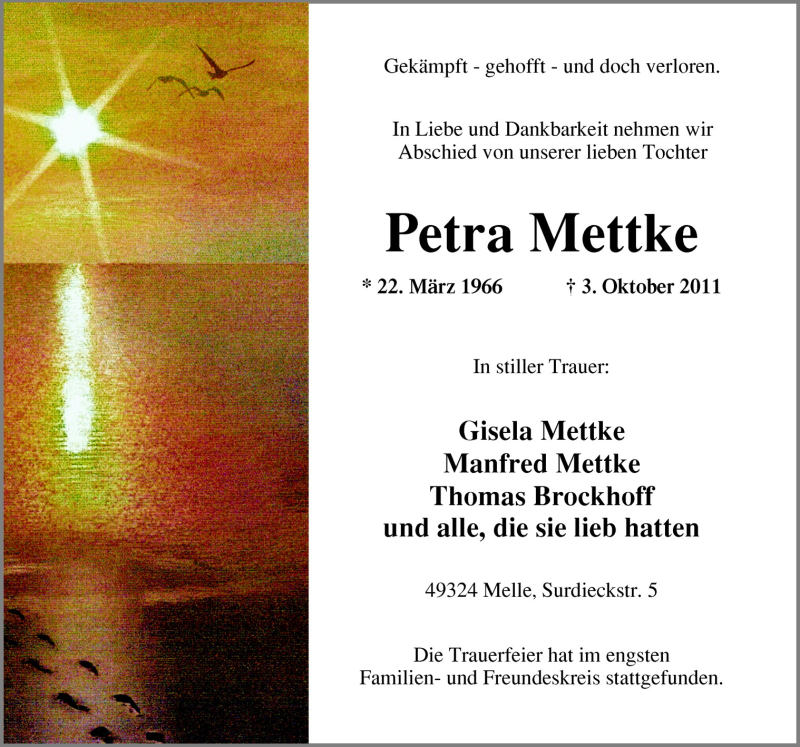  Traueranzeige für Petra Mettke vom 08.10.2011 aus Neue Osnabrücker Zeitung GmbH & Co. KG