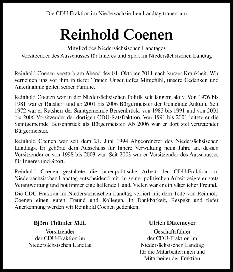  Traueranzeige für Reinhold Coenen vom 08.10.2011 aus Neue Osnabrücker Zeitung GmbH & Co. KG