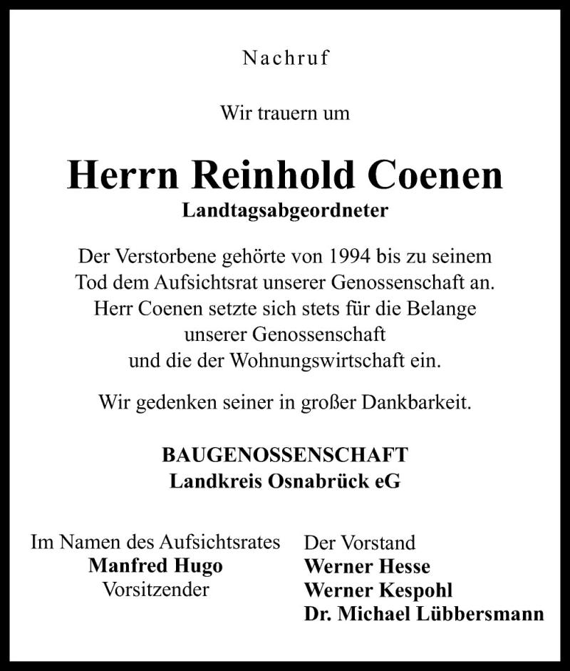  Traueranzeige für Reinhold Coenen vom 08.10.2011 aus Neue Osnabrücker Zeitung GmbH & Co. KG