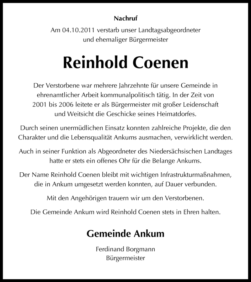  Traueranzeige für Reinhold Coenen vom 08.10.2011 aus Neue Osnabrücker Zeitung GmbH & Co. KG