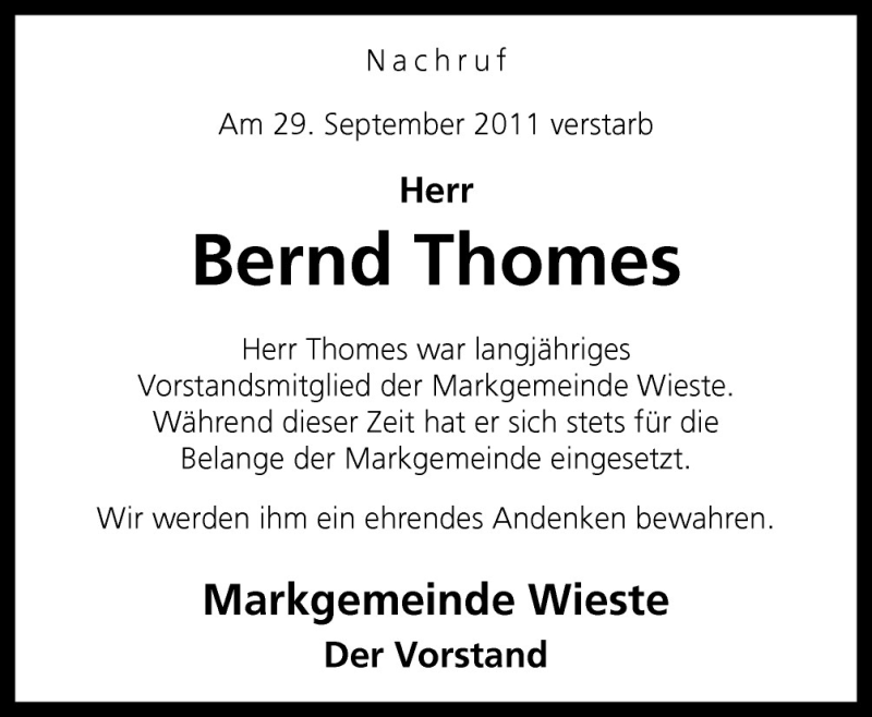  Traueranzeige für Bernd Thomes vom 08.10.2011 aus Neue Osnabrücker Zeitung GmbH & Co. KG