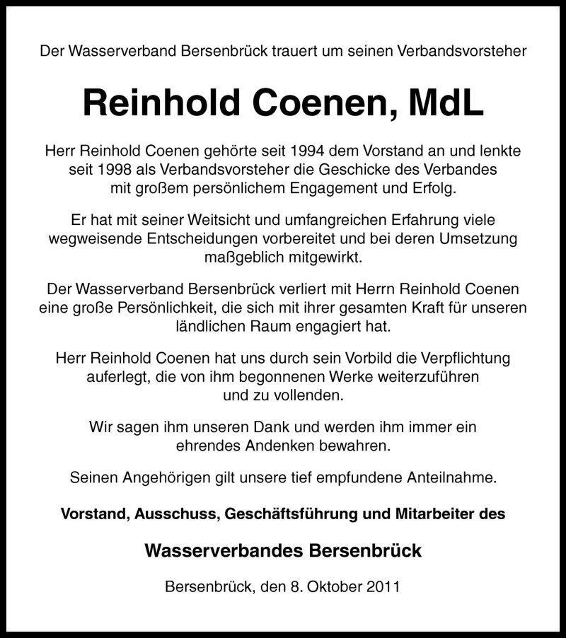  Traueranzeige für Reinhold Coenen vom 08.10.2011 aus Neue Osnabrücker Zeitung GmbH & Co. KG