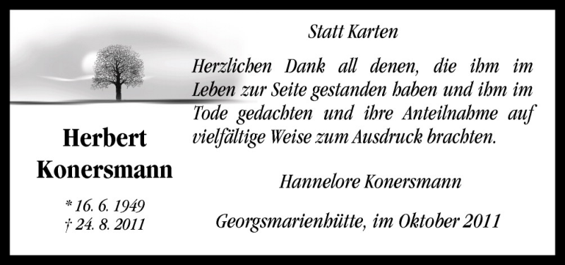  Traueranzeige für Herbert Konersmann vom 08.10.2011 aus Neue Osnabrücker Zeitung GmbH & Co. KG