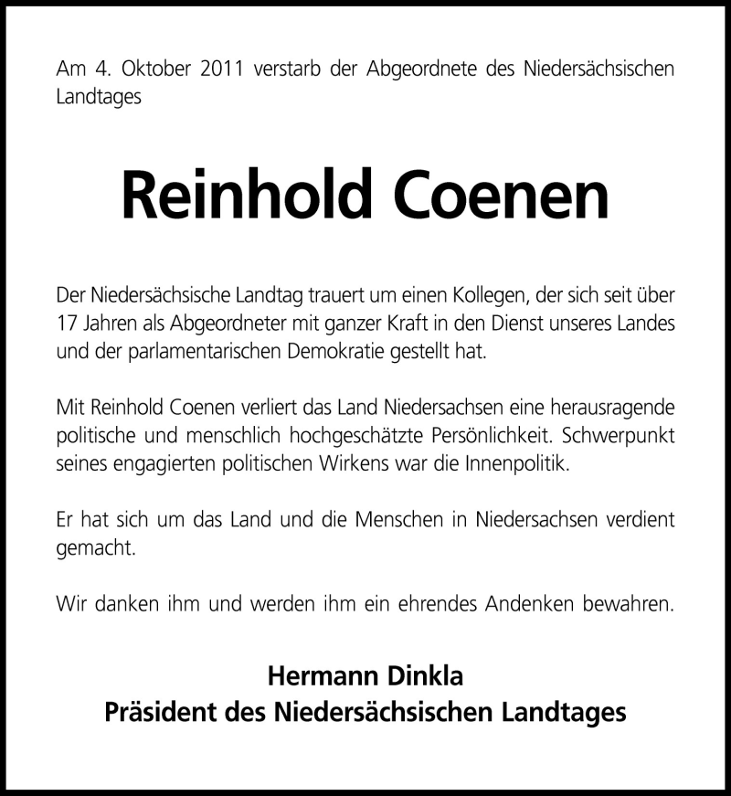  Traueranzeige für Reinhold Coenen vom 08.10.2011 aus Neue Osnabrücker Zeitung GmbH & Co. KG