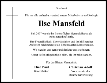 Traueranzeige von Ilse Mansfeld von Neue Osnabrücker Zeitung GmbH & Co. KG