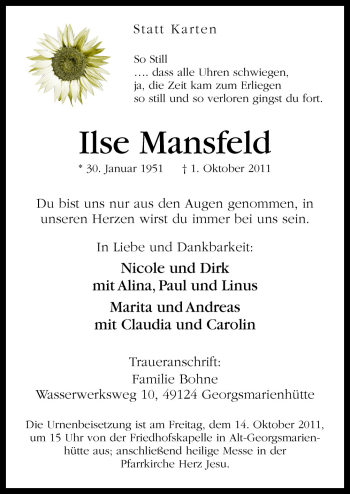 Traueranzeige von Ilse Mansfeld von Neue Osnabrücker Zeitung GmbH & Co. KG