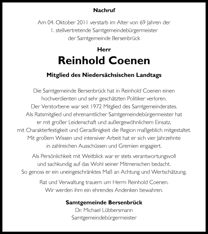  Traueranzeige für Reinhold Coenen vom 08.10.2011 aus Neue Osnabrücker Zeitung GmbH & Co. KG