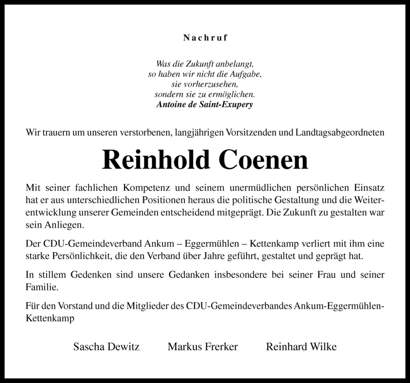  Traueranzeige für Reinhold Coenen vom 08.10.2011 aus Neue Osnabrücker Zeitung GmbH & Co. KG