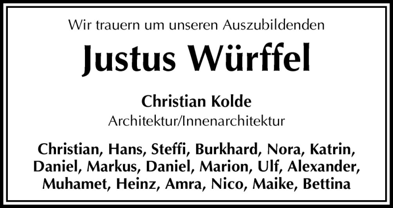  Traueranzeige für Justus Würffel vom 08.10.2011 aus Neue Osnabrücker Zeitung GmbH & Co. KG