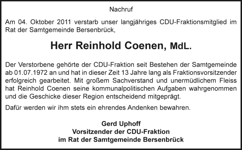  Traueranzeige für Reinhold Coenen vom 10.10.2011 aus Neue Osnabrücker Zeitung GmbH & Co. KG