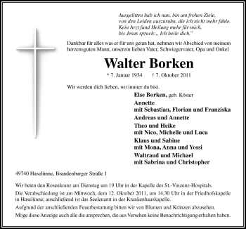 Traueranzeige von Walter Borken von Neue Osnabrücker Zeitung GmbH & Co. KG