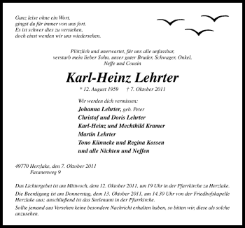 Traueranzeige von Karl-Heinz Lehrter von Neue Osnabrücker Zeitung GmbH & Co. KG