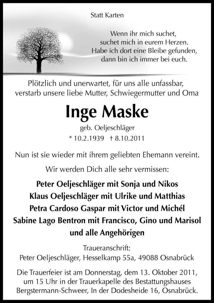 Traueranzeige für Inge Maske vom 10.10.2011 aus Neue Osnabrücker Zeitung GmbH & Co. KG