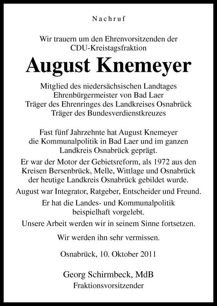  Traueranzeige für August Knemeyer vom 10.10.2011 aus Neue Osnabrücker Zeitung GmbH & Co. KG