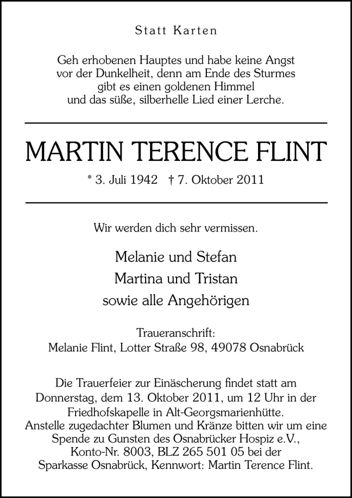  Traueranzeige für Martin Terence Flint vom 10.10.2011 aus Neue Osnabrücker Zeitung GmbH & Co. KG