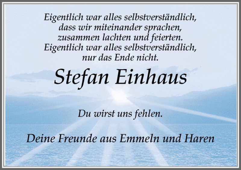  Traueranzeige für Stefan Einhaus vom 11.10.2011 aus Neue Osnabrücker Zeitung GmbH & Co. KG