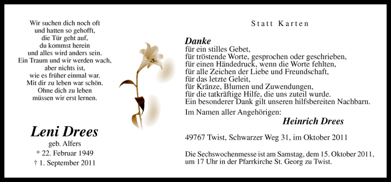  Traueranzeige für Leni Drees vom 12.10.2011 aus Neue Osnabrücker Zeitung GmbH & Co. KG