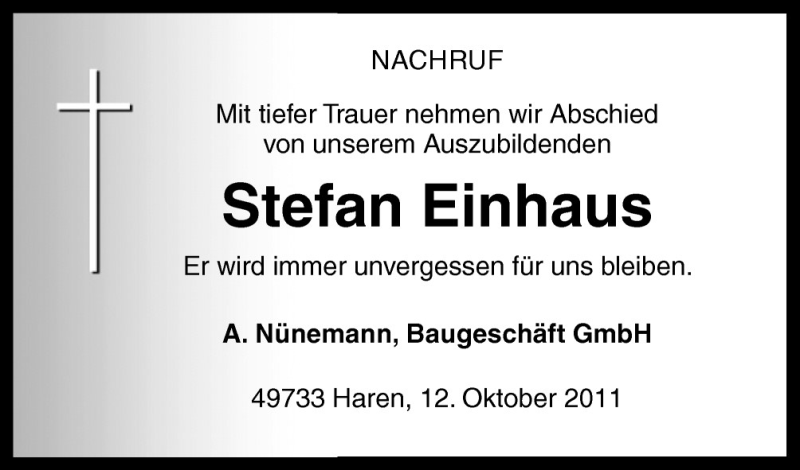  Traueranzeige für Stefan Einhaus vom 12.10.2011 aus Neue Osnabrücker Zeitung GmbH & Co. KG